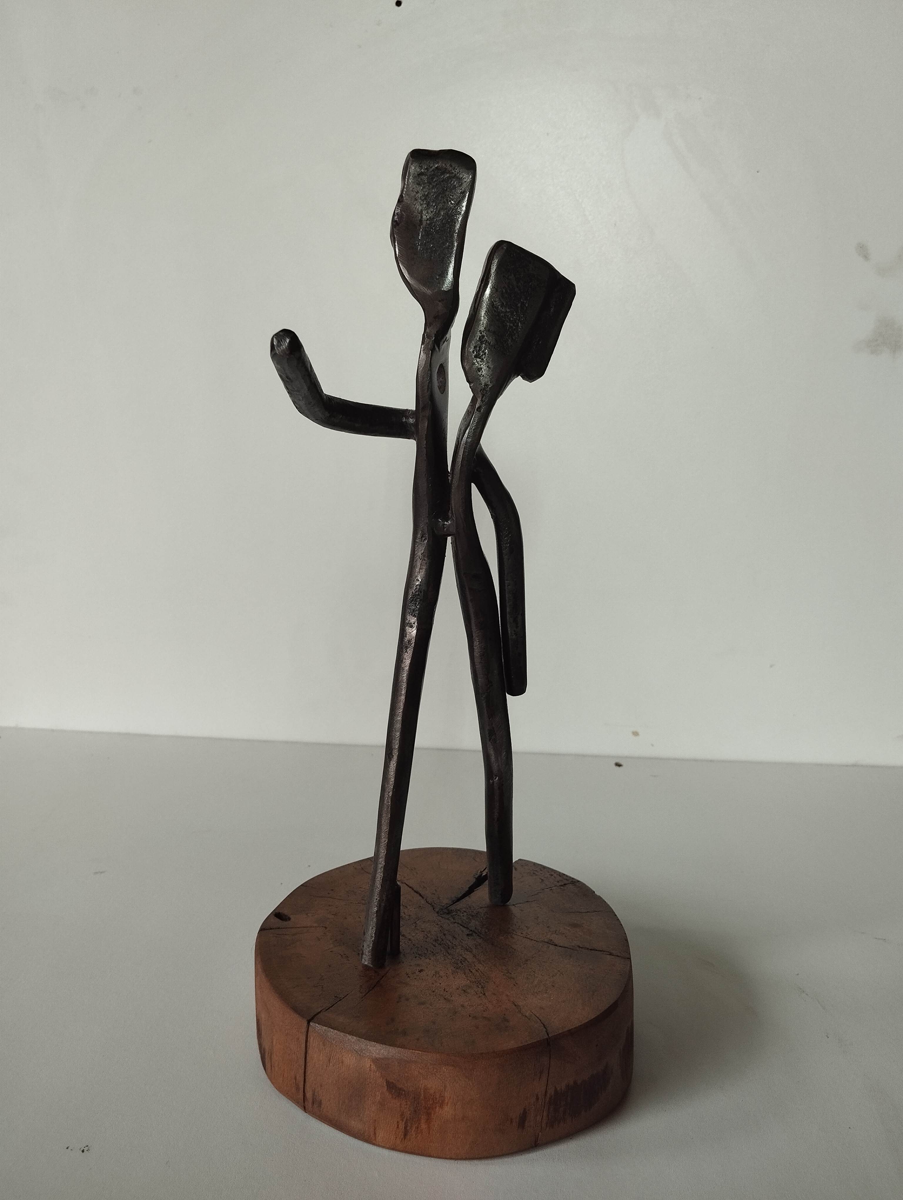 Sculpture artisanale "Ma Moitié" – Acier patiné sur socle bois